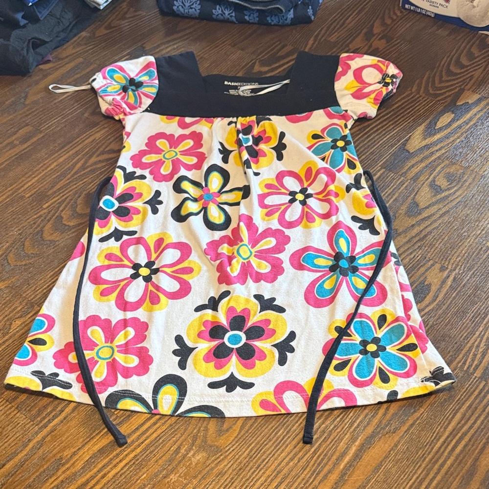 Basic Editions Pink Multi Floral Puff Sleeve Casual Dress